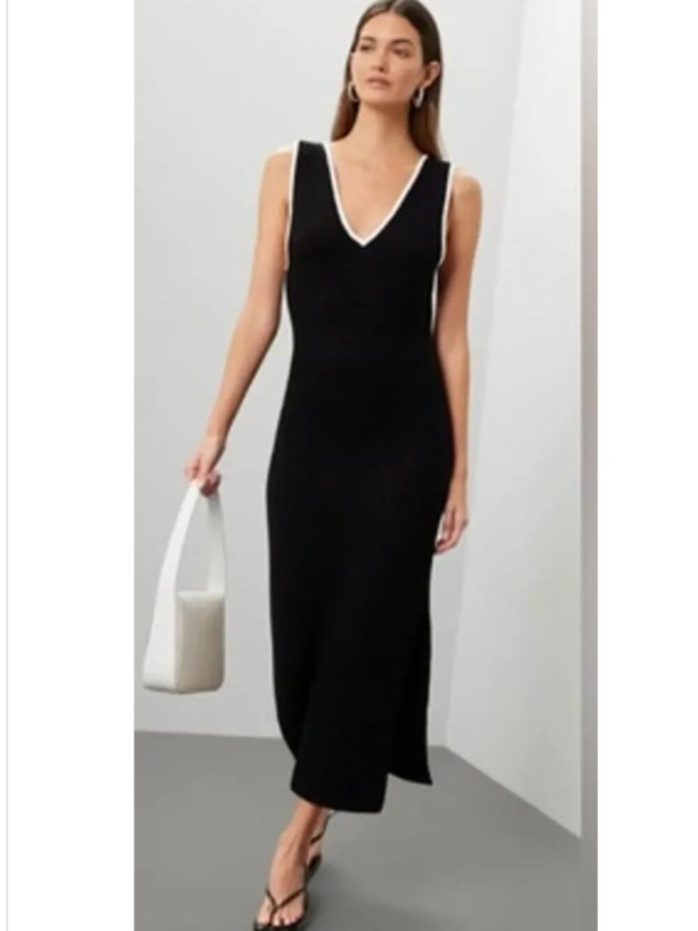 Toccin X RTR Knit Ribbed Dress White Trim Black Midi Medium